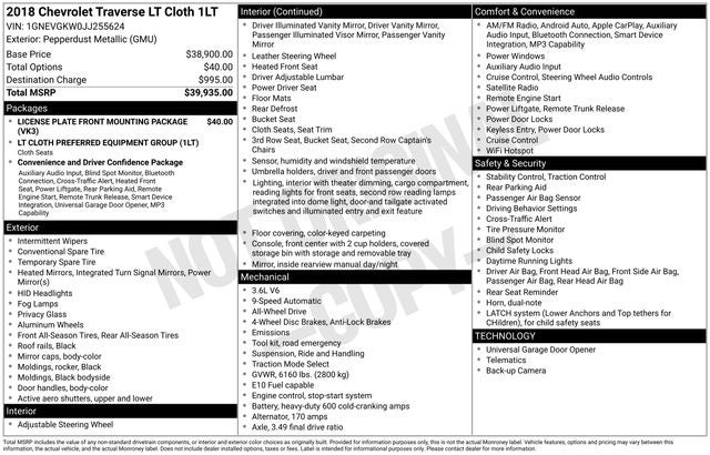 2018 Chevrolet Traverse LT Cloth w/1LT