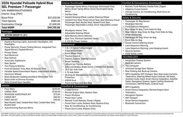 2026 Hyundai Palisade Hybrid Blue SEL Premium 7 Passenger