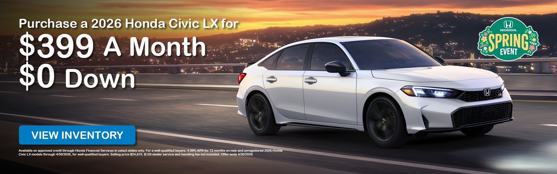 2026 Civic LX $399 a month $0 down