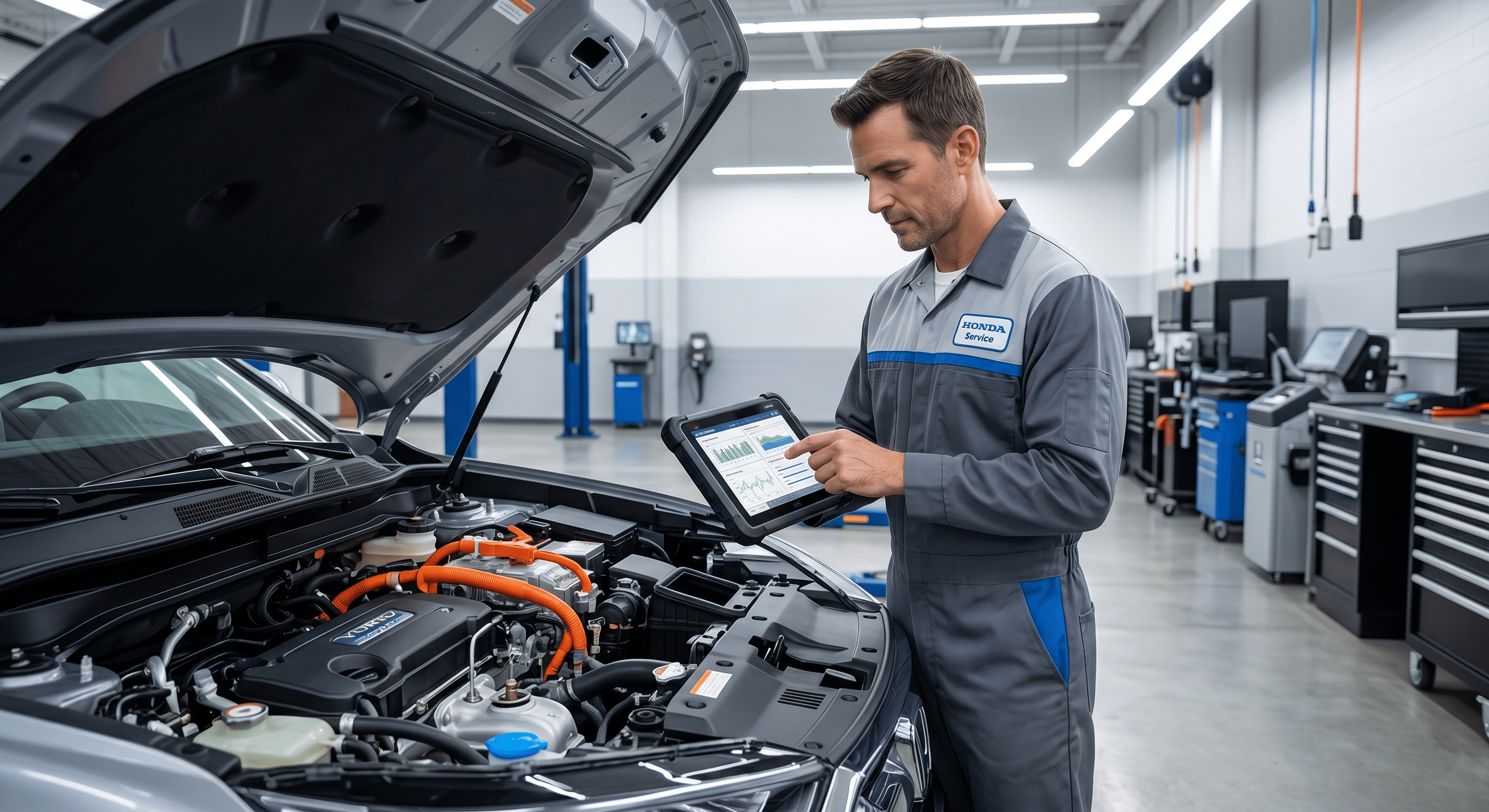 Certified Honda technician working on a Hybrid vehicle engine bay
